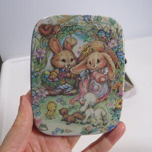 Vintage Bunny Rabbits Picnic Basket Style Handled Metal Tin Spring Easter
